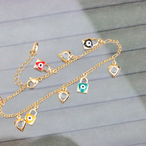 "Rose Gold Evil Eye & Heart Charm Anklet in Gold Plated Brass, XPAL1193 - Picture 12 of 12